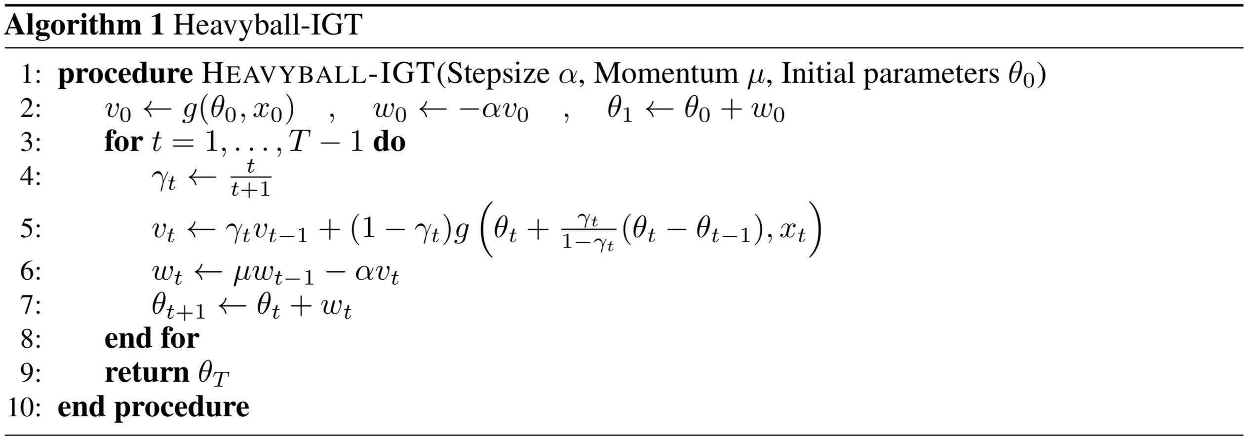 Pseudo-code of Heavyball using the IGT gradient estimator.